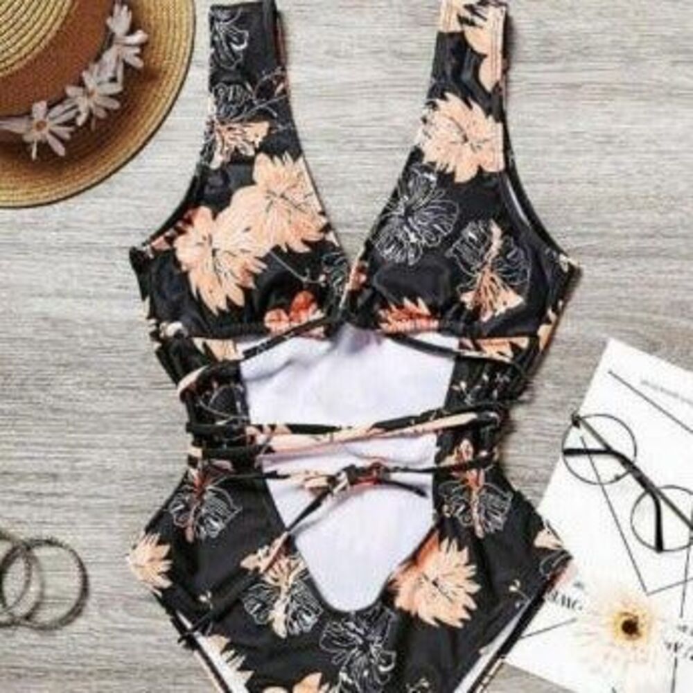 Womens Black Floral Criss-Cross Tie Back One-Piece Swimsuit - Large